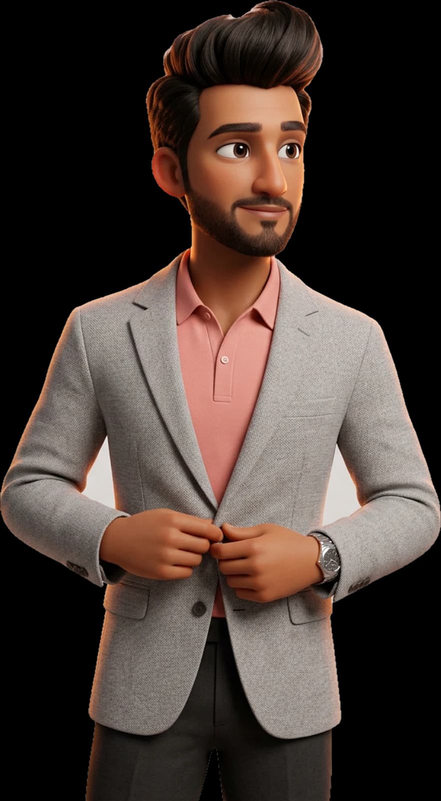 3D character of Sandeep Kumar Panda in a grey blazer, looking to one side